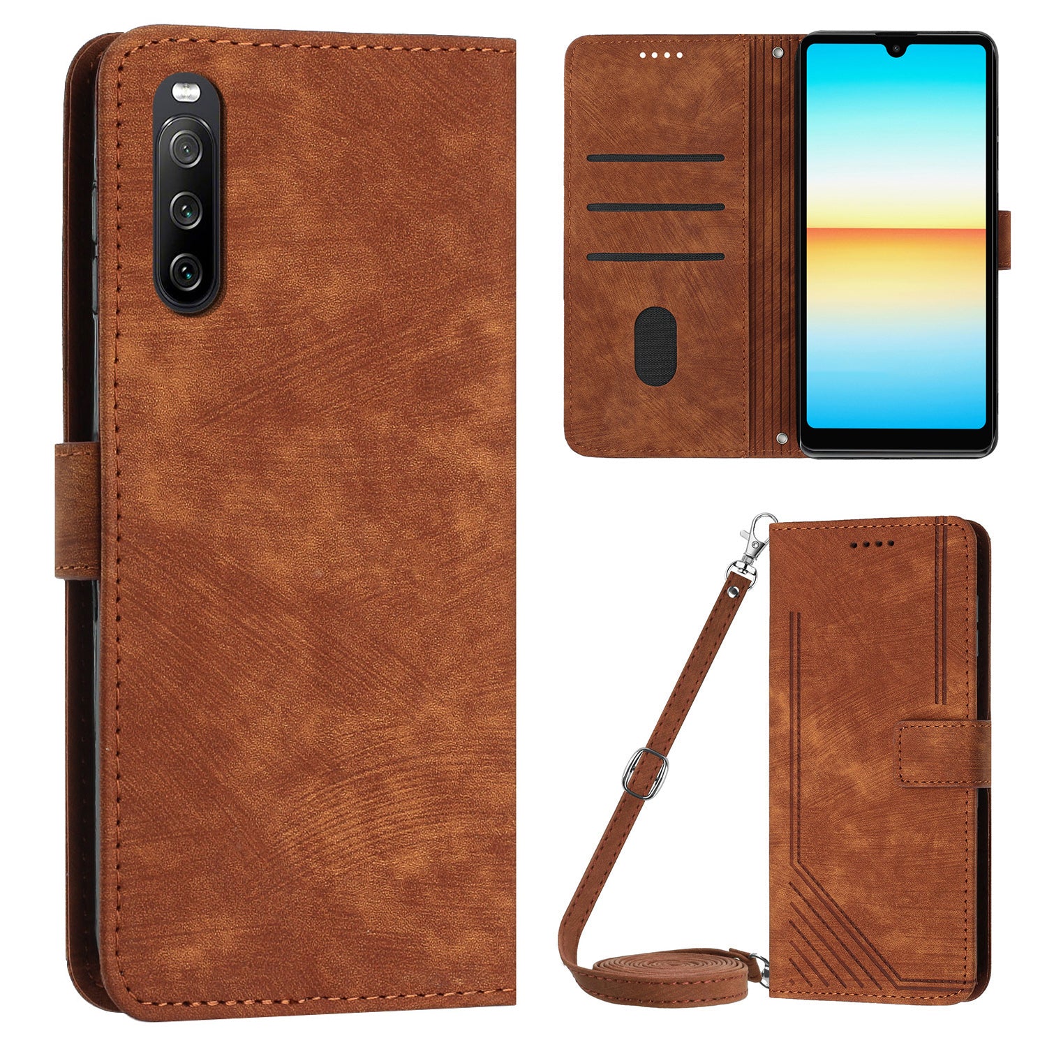 For Sony Xperia 10 V Wallet Phone Case PU Leather Lines Imprinted Stand Shoulder Strap Flip Cover