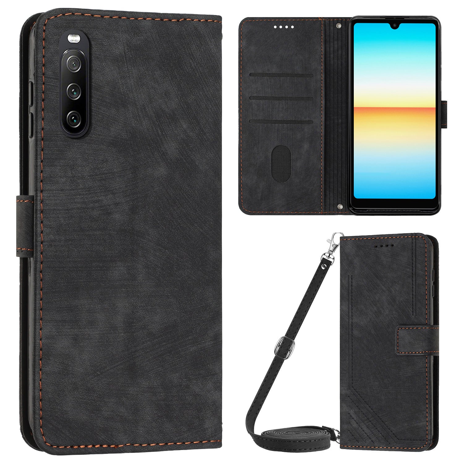 For Sony Xperia 10 V Wallet Phone Case PU Leather Lines Imprinted Stand Shoulder Strap Flip Cover