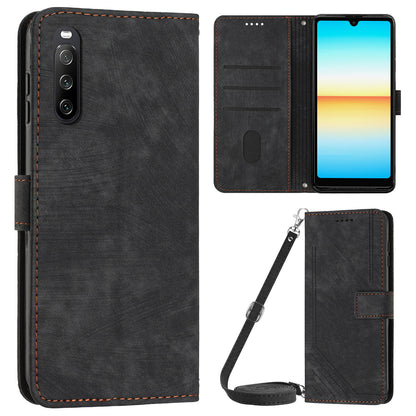 For Sony Xperia 10 V Wallet Phone Case PU Leather Lines Imprinted Stand Shoulder Strap Flip Cover