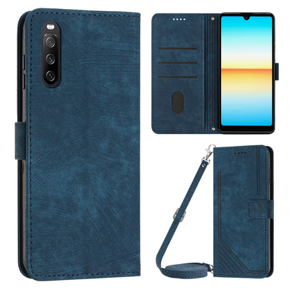 For Sony Xperia 10 V Wallet Phone Case PU Leather Lines Imprinted Stand Shoulder Strap Flip Cover