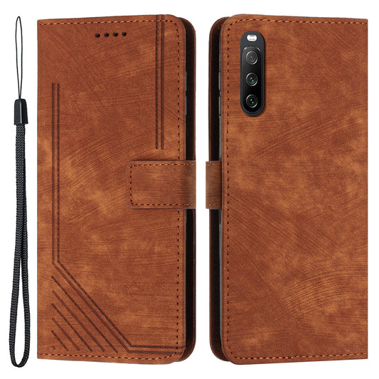 For Sony Xperia 10 V Lines Imprint Full Protection Stand Cover Skin-touch Leather Wallet Phone Case