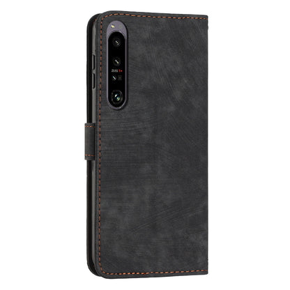 For Sony Xperia 1 V 2023 Lines Imprint Leather Wallet Anti-drop Shell Skin-touch Flip Stand Mobile Case