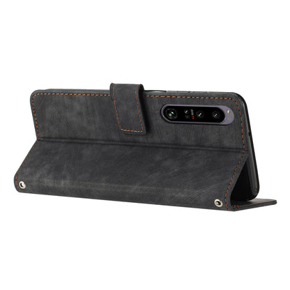 For Sony Xperia 1 V 2023 Lines Imprint Leather Wallet Anti-drop Shell Skin-touch Flip Stand Mobile Case