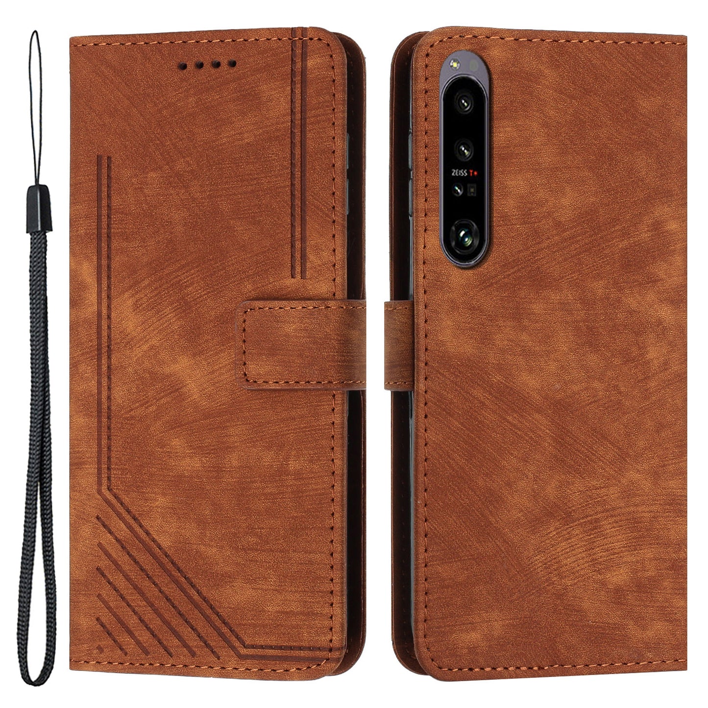 For Sony Xperia 1 V 2023 Lines Imprint Leather Wallet Anti-drop Shell Skin-touch Flip Stand Mobile Case