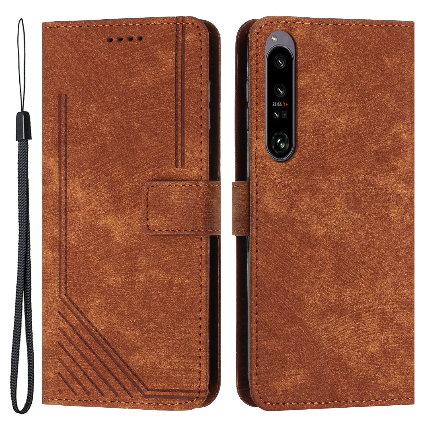 For Sony Xperia 1 V 2023 Lines Imprint Leather Wallet Anti-drop Shell Skin-touch Flip Stand Mobile Case