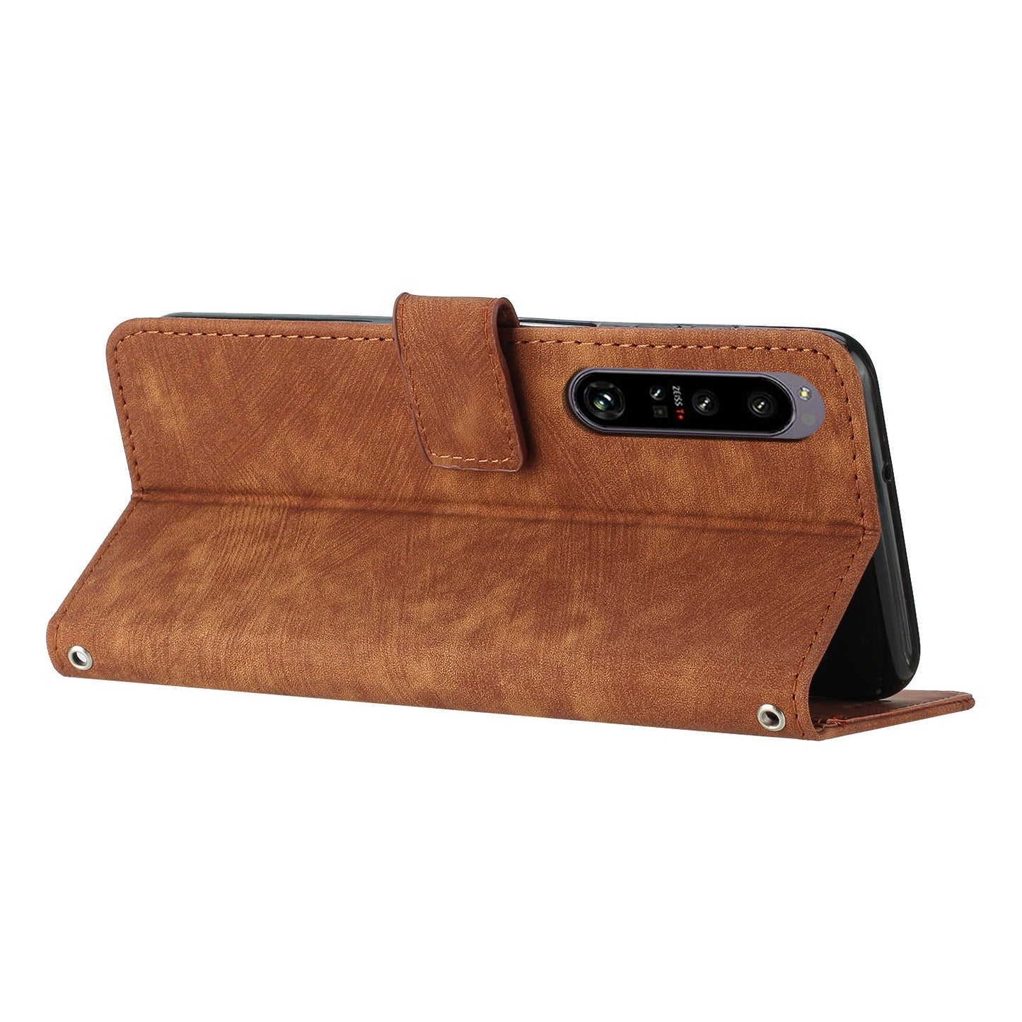 For Sony Xperia 1 V 2023 Lines Imprint Leather Wallet Anti-drop Shell Skin-touch Flip Stand Mobile Case