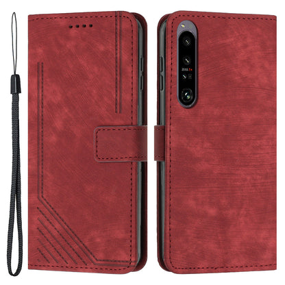For Sony Xperia 1 V 2023 Lines Imprint Leather Wallet Anti-drop Shell Skin-touch Flip Stand Mobile Case