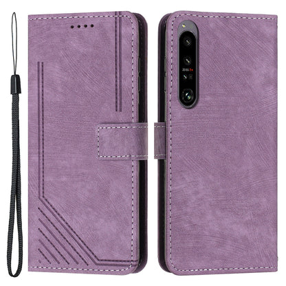 For Sony Xperia 1 V 2023 Lines Imprint Leather Wallet Anti-drop Shell Skin-touch Flip Stand Mobile Case