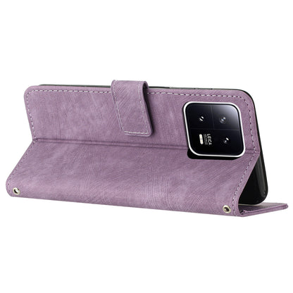 PU Leather Wallet Case for Xiaomi 13 5G , Lines Imprinted Stand Phone Cover with Shoulder Strap