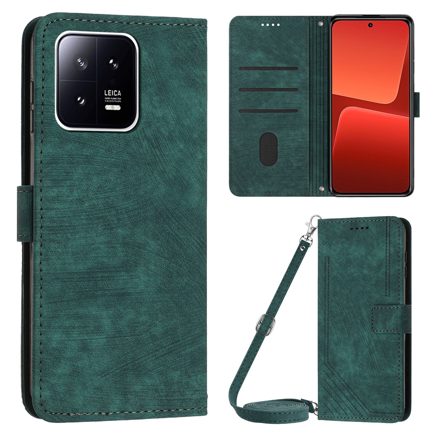 PU Leather Wallet Case for Xiaomi 13 5G , Lines Imprinted Stand Phone Cover with Shoulder Strap