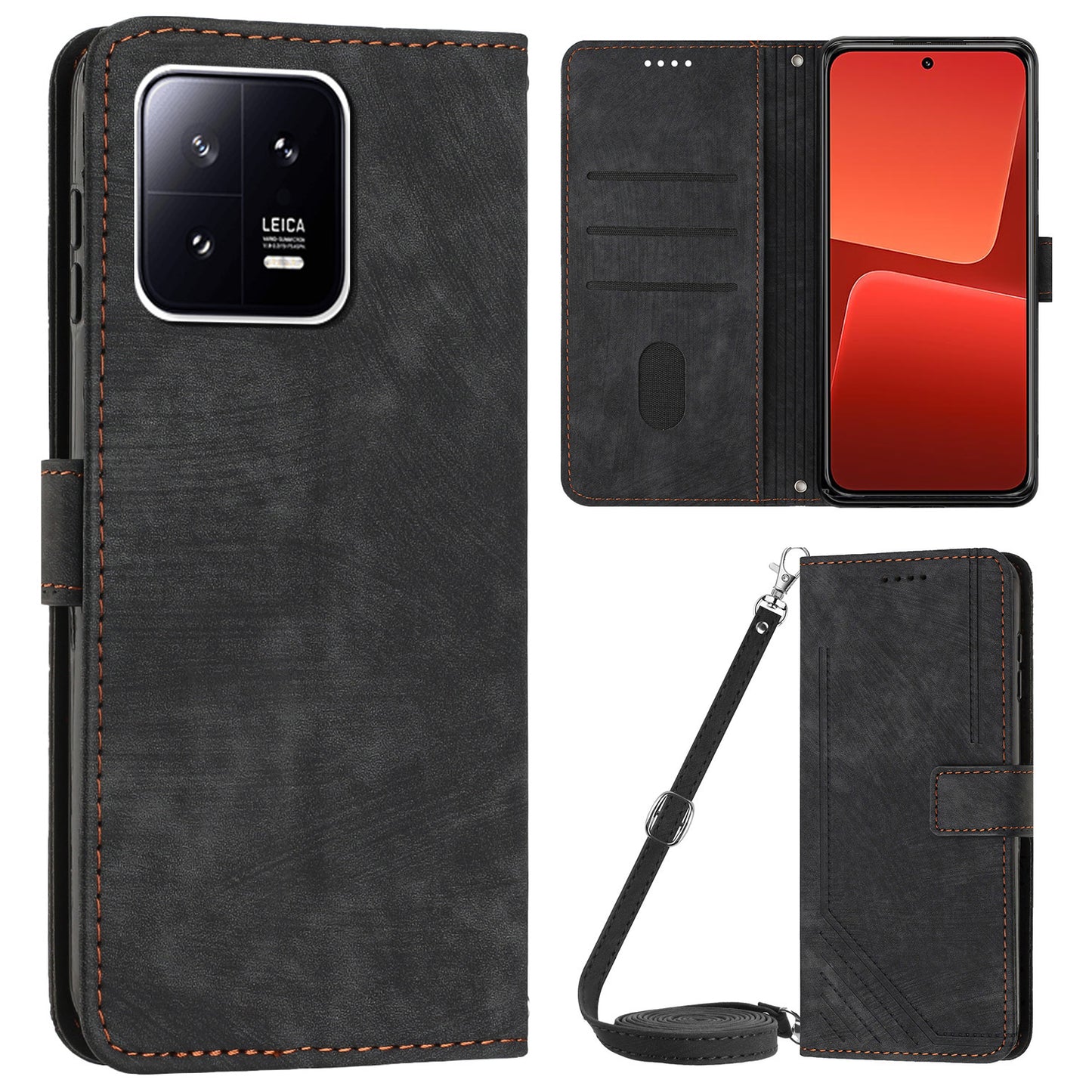 PU Leather Wallet Case for Xiaomi 13 5G , Lines Imprinted Stand Phone Cover with Shoulder Strap