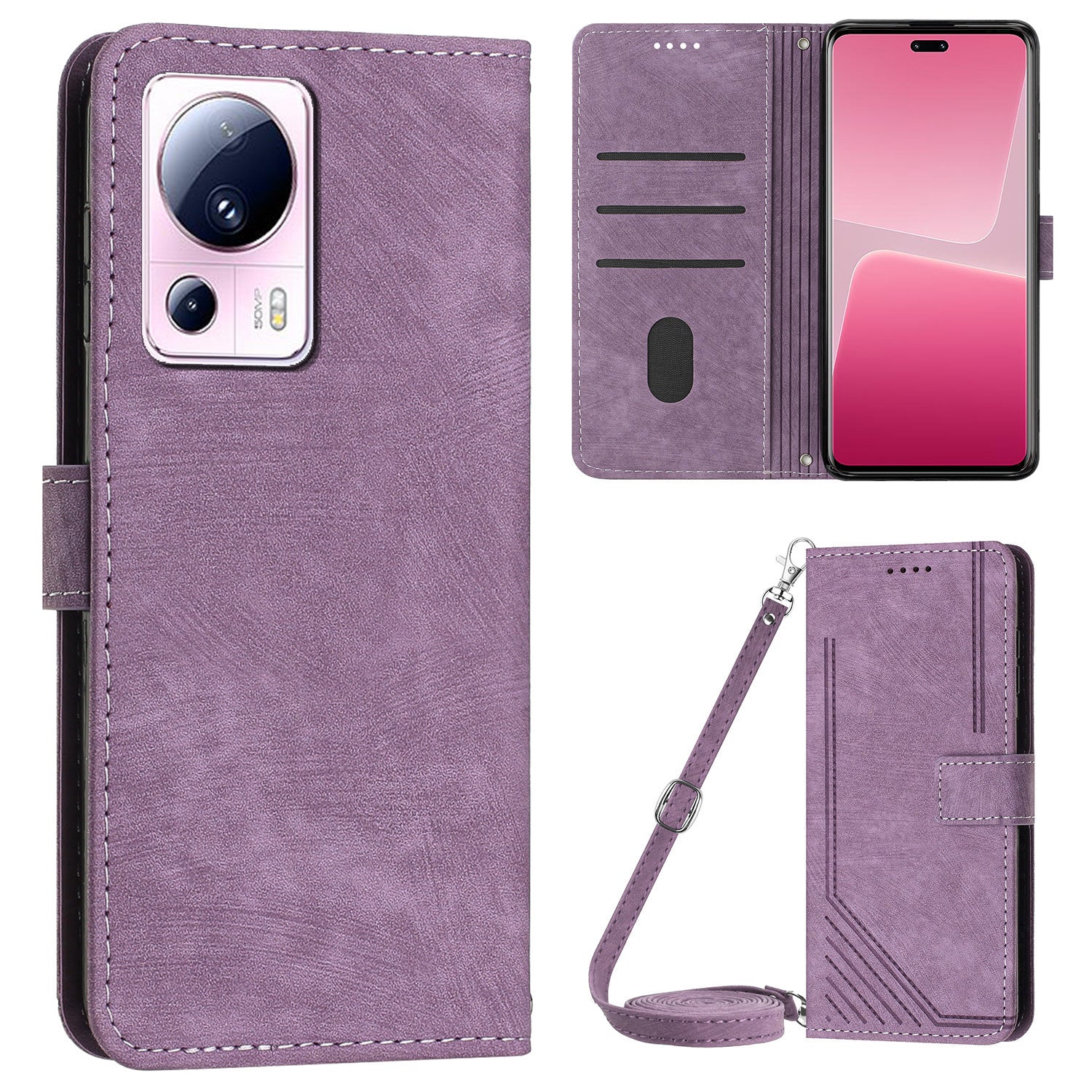 For Xiaomi 13 Lite / Civi 2 5G Wallet Case Skin-touch PU Leather Lines Imprinted Stand Flip Phone Cover