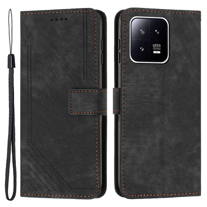 For Xiaomi 13 Pro 5G Lines Imprinted Phone Case Skin-touch Leather Wallet Stand Shockproof Cover