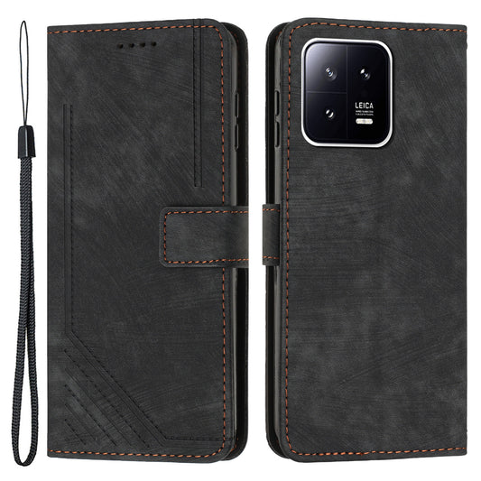 For Xiaomi 13 Pro 5G Lines Imprinted Phone Case Skin-touch Leather Wallet Stand Shockproof Cover