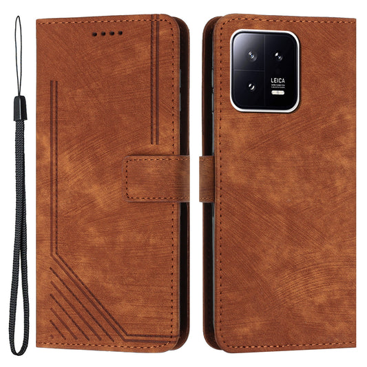For Xiaomi 13 Pro 5G Lines Imprinted Phone Case Skin-touch Leather Wallet Stand Shockproof Cover
