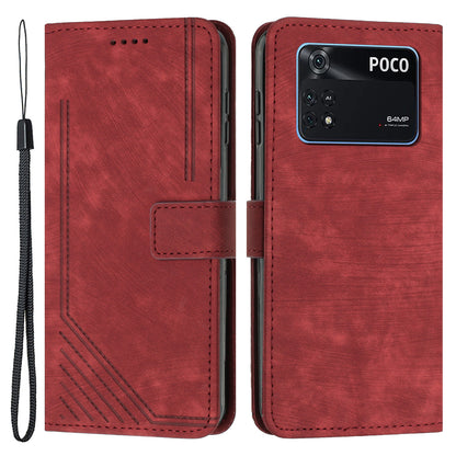For Xiaomi Poco M4 Pro 4G Lines Imprinted Phone Case Skin-touch Leather Wallet Phone Cover with Stand
