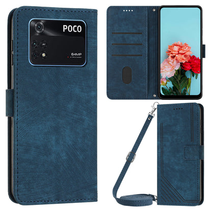 For Xiaomi Poco M4 Pro 4G PU Leather Stand Wallet Case Lines Imprinted Flip Shockproof Phone Cover
