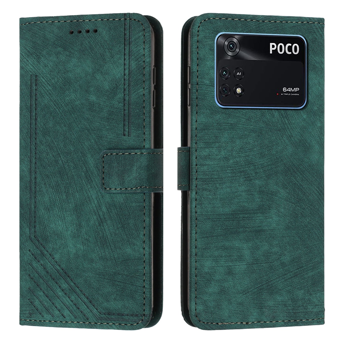 For Xiaomi Poco M4 Pro 4G PU Leather Stand Wallet Case Lines Imprinted Flip Shockproof Phone Cover