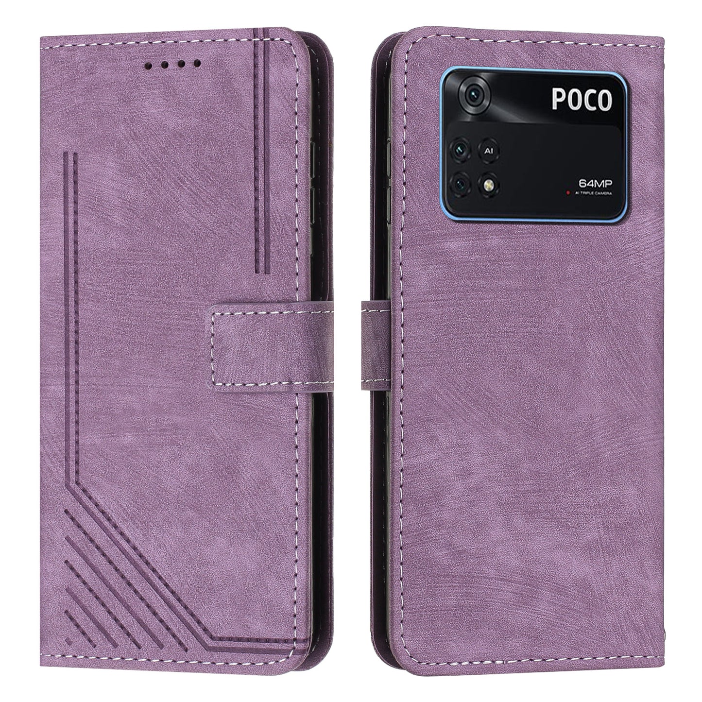 For Xiaomi Poco M4 Pro 4G PU Leather Stand Wallet Case Lines Imprinted Flip Shockproof Phone Cover