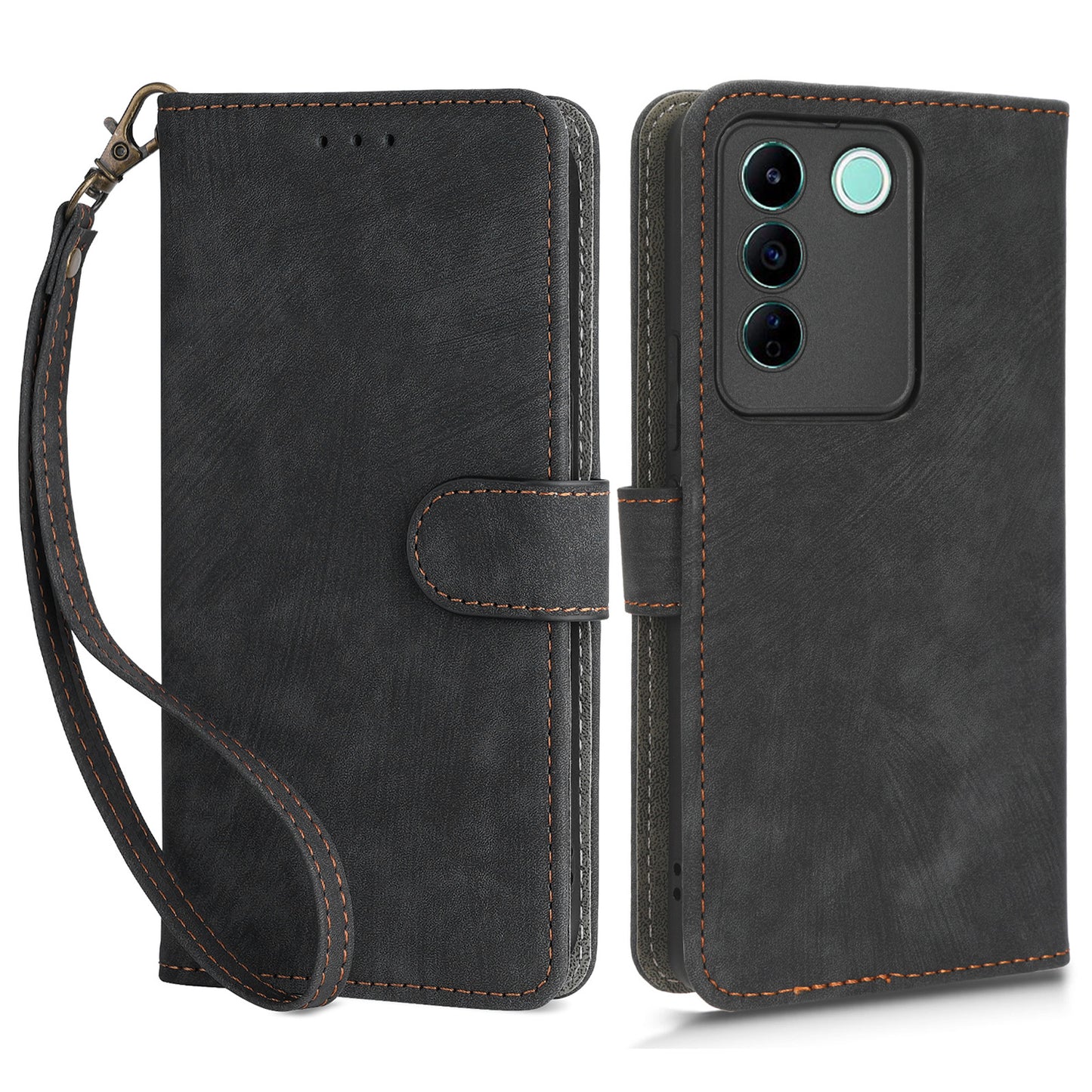 For vivo S16e 5G / V27e 4G PU Leather Phone Case Stand RFID Blocking Flip Wallet Cover with Strap