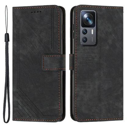 For Xiaomi 12T 5G / 12T Pro 5G / Redmi K50 Ultra 5G Lines Imprint Anti-drop Phone Case Skin-touch Leather Wallet Cover with Stand