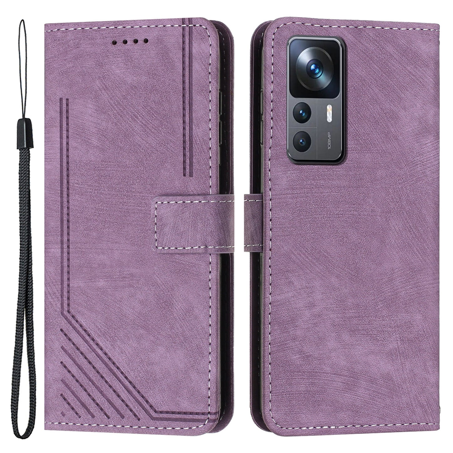 For Xiaomi 12T 5G / 12T Pro 5G / Redmi K50 Ultra 5G Lines Imprint Anti-drop Phone Case Skin-touch Leather Wallet Cover with Stand