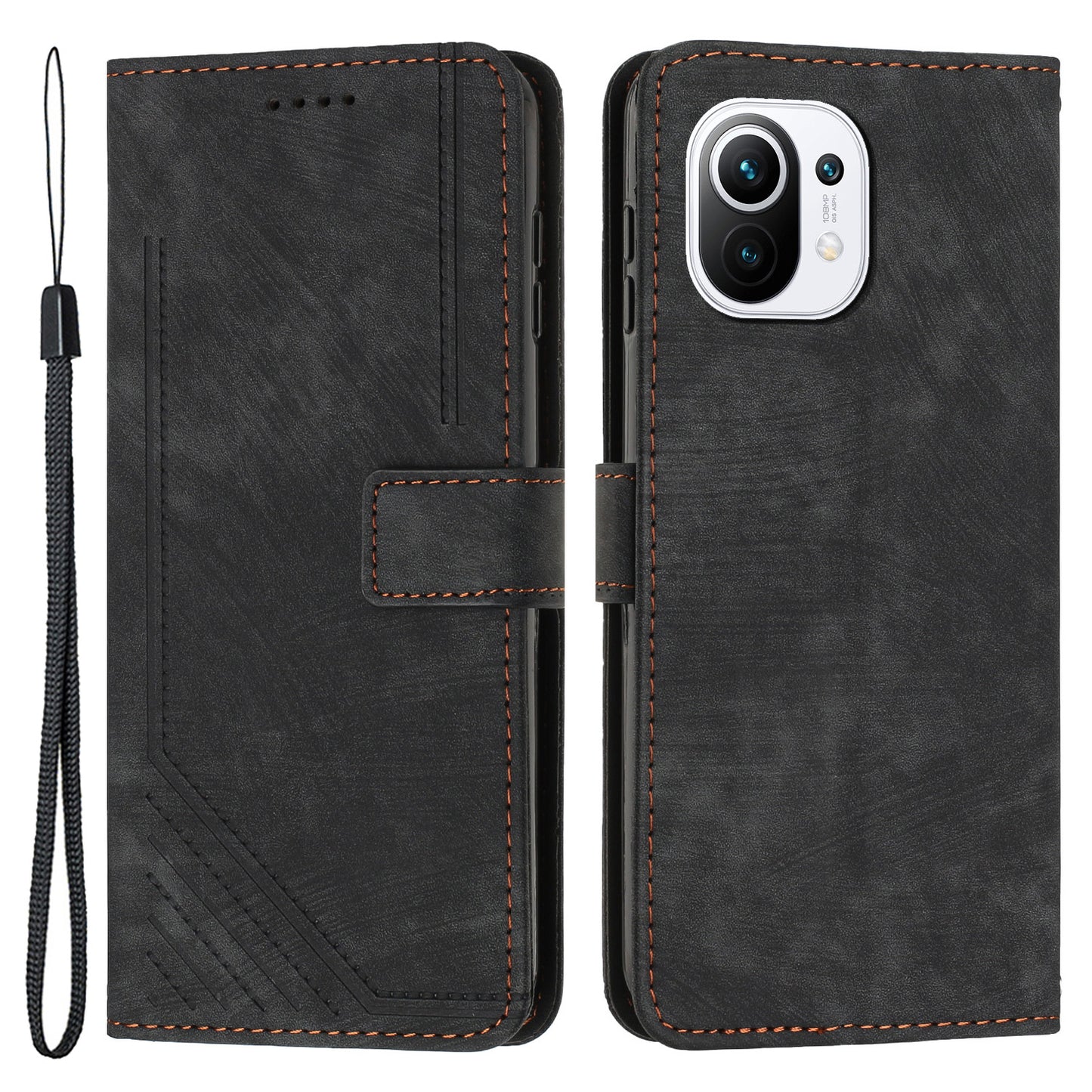 For Xiaomi 11 Lite 5G NE / Mi 11 Lite 4G / 5G Drop-proof Leather Wallet Shell Lines Imprint Skin-touch Folding Stand Phone Case