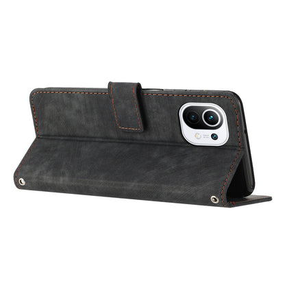 For Xiaomi 11 Lite 5G NE / Mi 11 Lite 4G / 5G Drop-proof Leather Wallet Shell Lines Imprint Skin-touch Folding Stand Phone Case