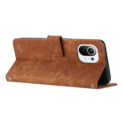 For Xiaomi 11 Lite 5G NE / Mi 11 Lite 4G / 5G Drop-proof Leather Wallet Shell Lines Imprint Skin-touch Folding Stand Phone Case
