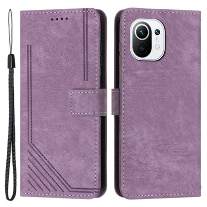 For Xiaomi 11 Lite 5G NE / Mi 11 Lite 4G / 5G Drop-proof Leather Wallet Shell Lines Imprint Skin-touch Folding Stand Phone Case