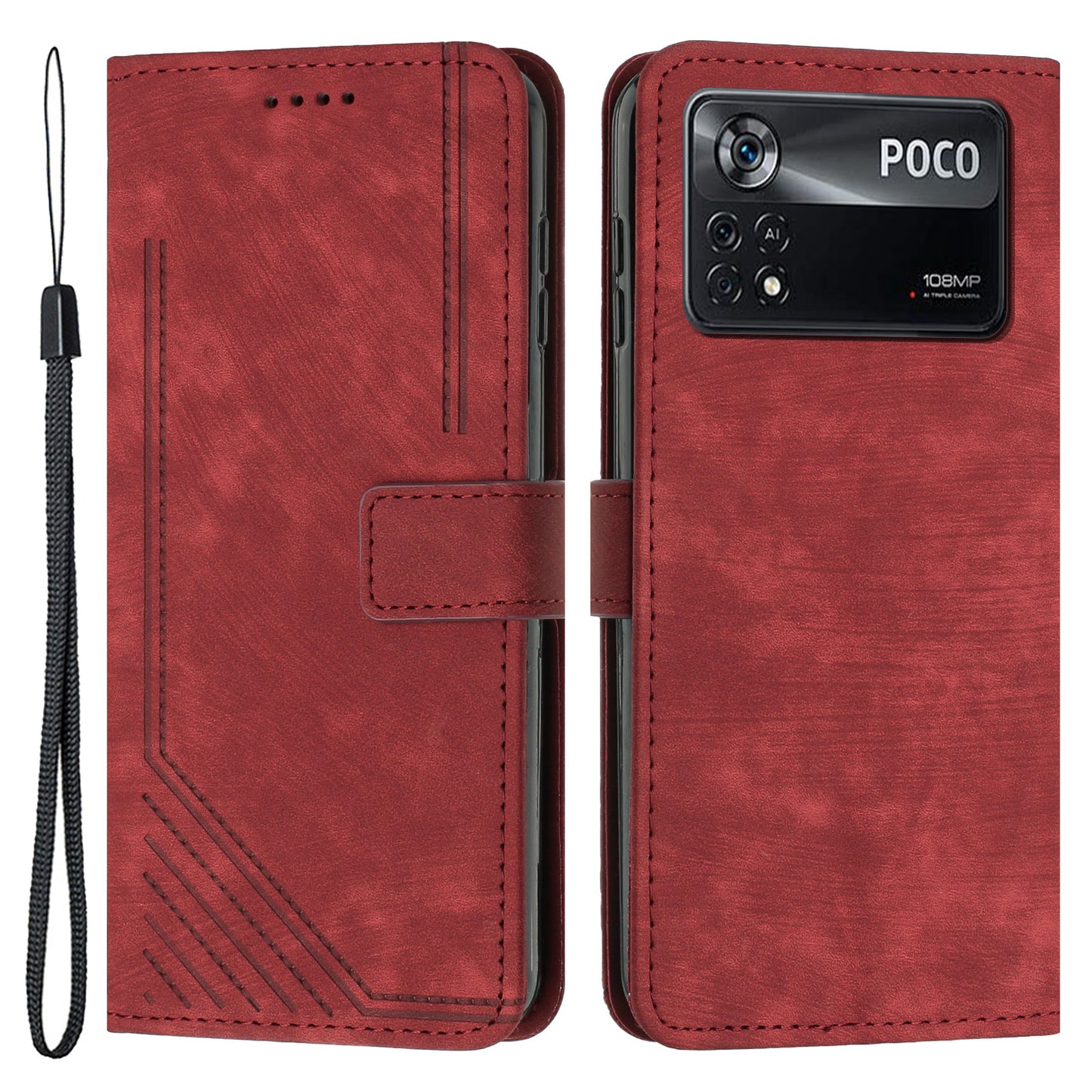 For Xiaomi Poco X4 Pro 5G Skin-touch Phone Stand Case PU Leather Lines Imprinted Wallet Cover