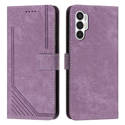 For Tecno Pova 3 4G Flip PU Leather Phone Case Wallet Lines Imprinted Stand Protective Cover