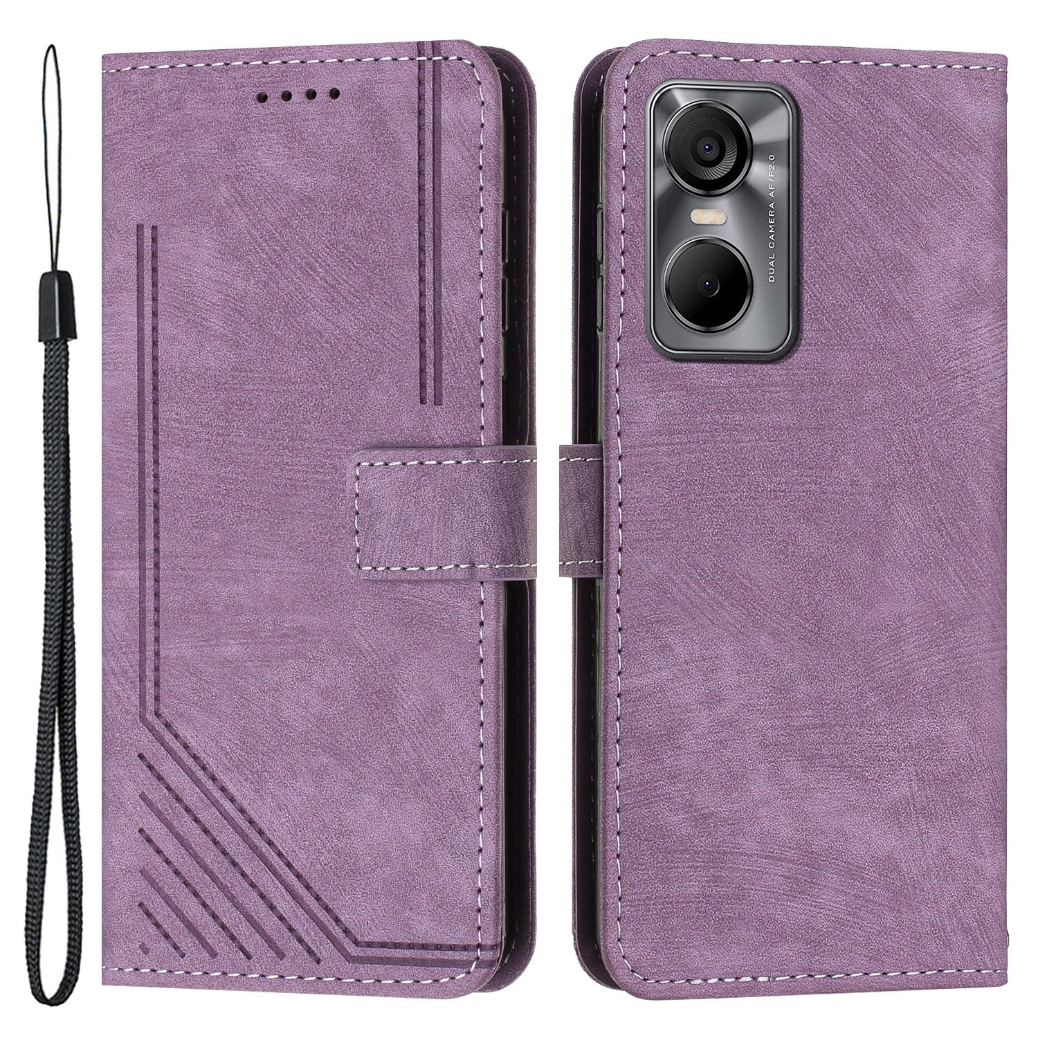 Phone Case for Tecno Pop 6 Pro 4G PU Leather Skin-touch Lines Imprinted Wallet Stand Cover
