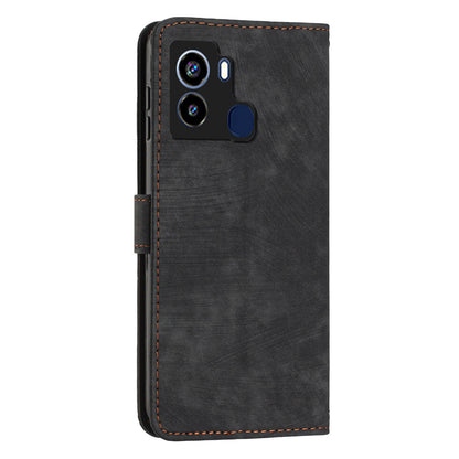 For Tecno Pop 6 4G PU Leather Skin-touch Phone Case Lines Imprinted Wallet Stand Cover