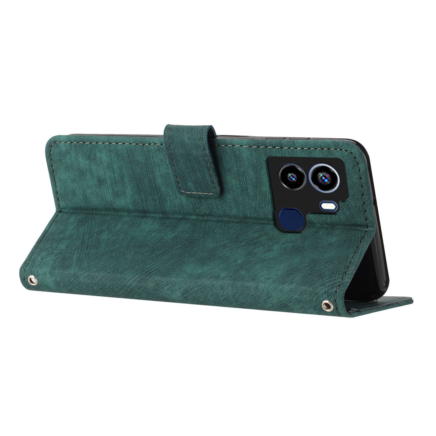 For Tecno Pop 6 4G PU Leather Skin-touch Phone Case Lines Imprinted Wallet Stand Cover