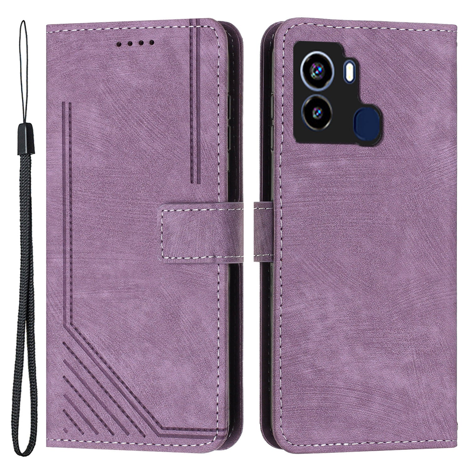 For Tecno Pop 6 4G PU Leather Skin-touch Phone Case Lines Imprinted Wallet Stand Cover