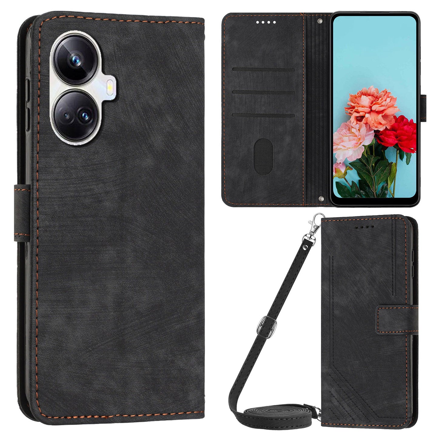 For Realme 10 Pro+ 5G PU Leather Protective Cover Lines Imprinted Stand Magnetic Folio Phone Case