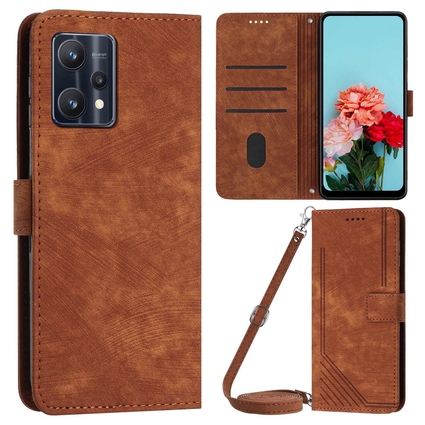 For Realme 9 Pro 5G / 9 5G / V25 / OnePlus Nord CE 2 Lite 5G Phone Case Leather Lines Imprinted Stand Wallet Cover with Straps