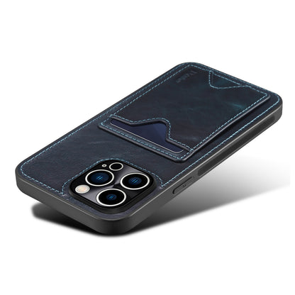 DENIOR Shockproof Case for iPhone 14 Pro Cowhide Leather TPU Phone Shell with Card Holder, Kickstand