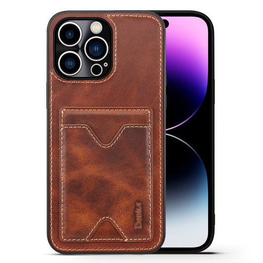 DENIOR Shockproof Case for iPhone 14 Pro Cowhide Leather TPU Phone Shell with Card Holder, Kickstand