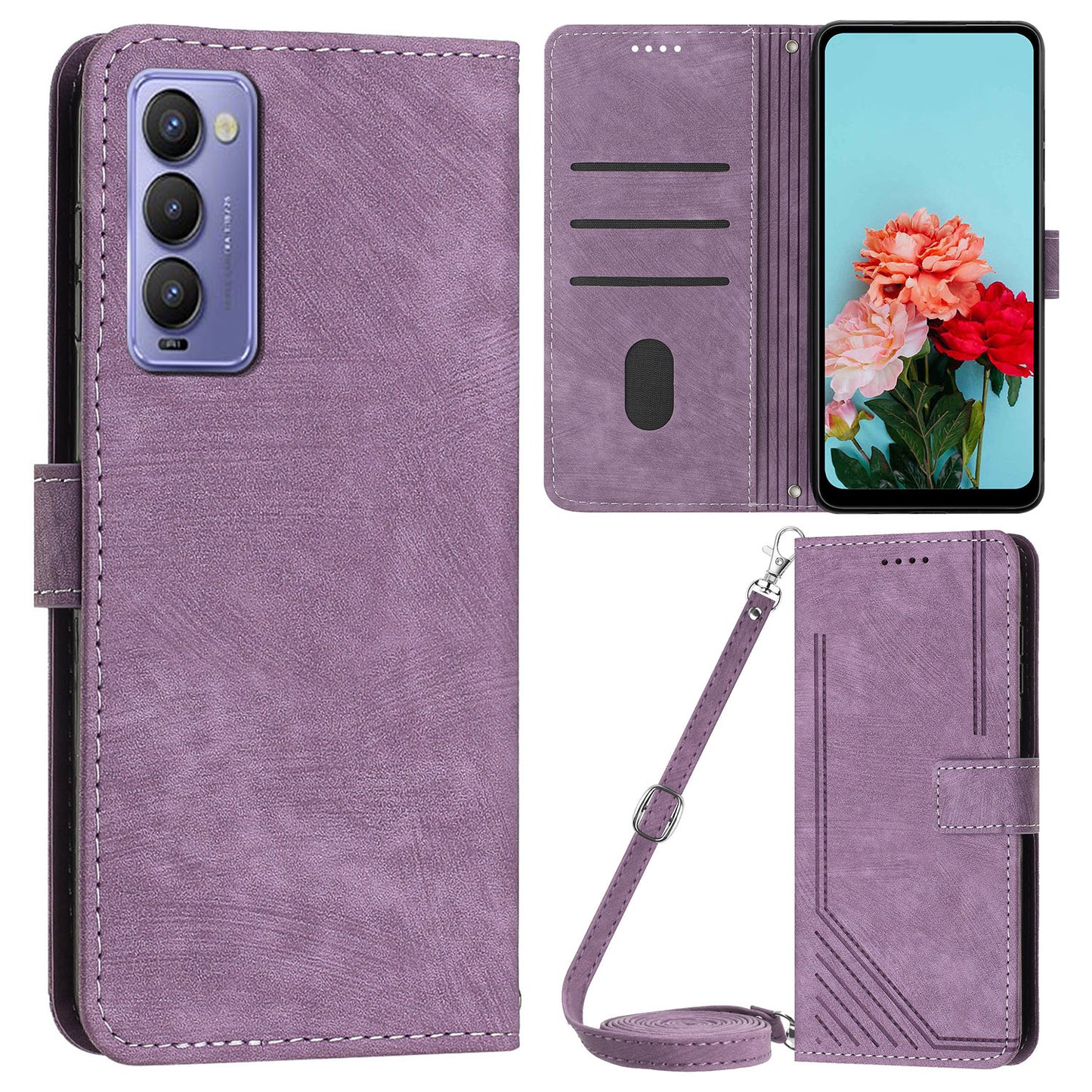 For Tecno Camon 18 / 18 P Phone Wallet Stand Case PU Leather PLines Imprinted Cover with Straps