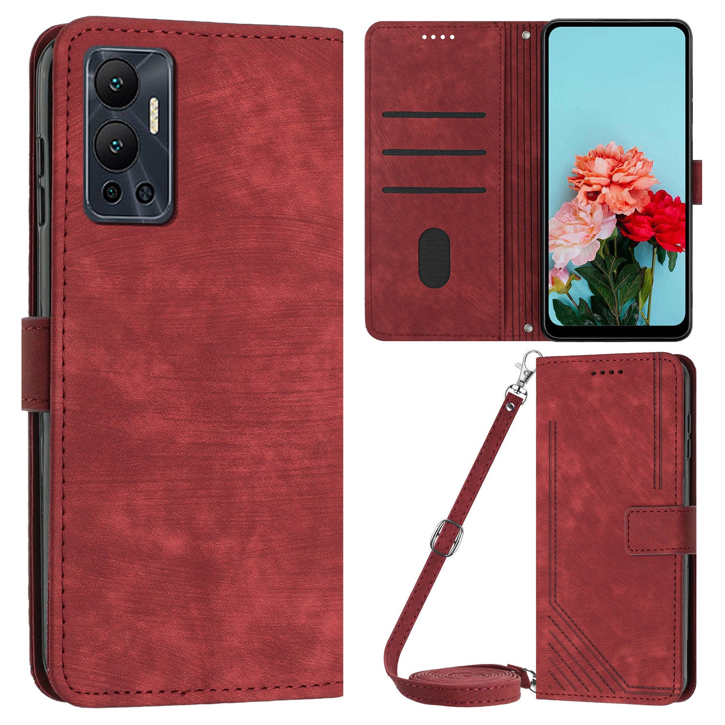For Infinix Hot 12 4G Stand PU Leather Phone Wallet Case Lines Imprinted Phone Cover with Straps
