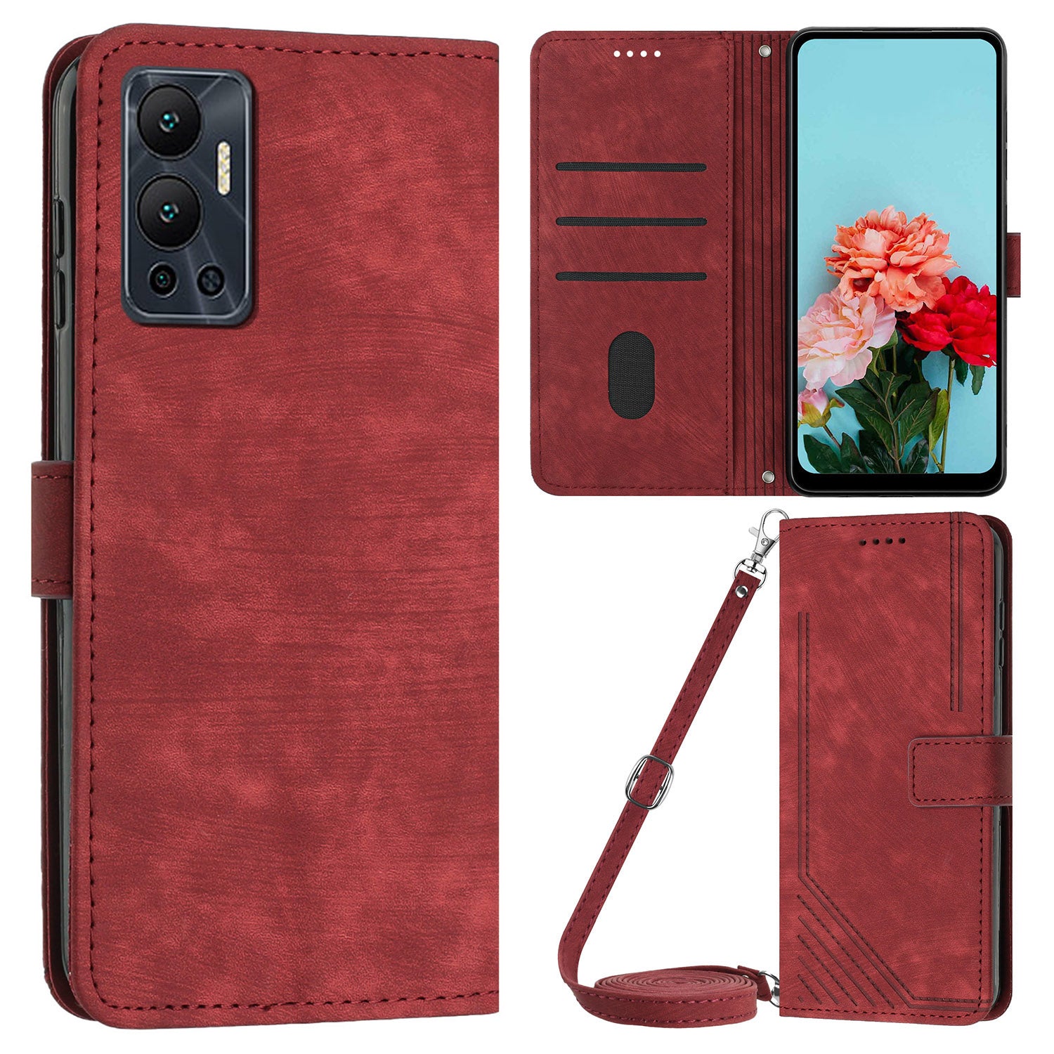 For Infinix Hot 12 4G Stand PU Leather Phone Wallet Case Lines Imprinted Phone Cover with Straps