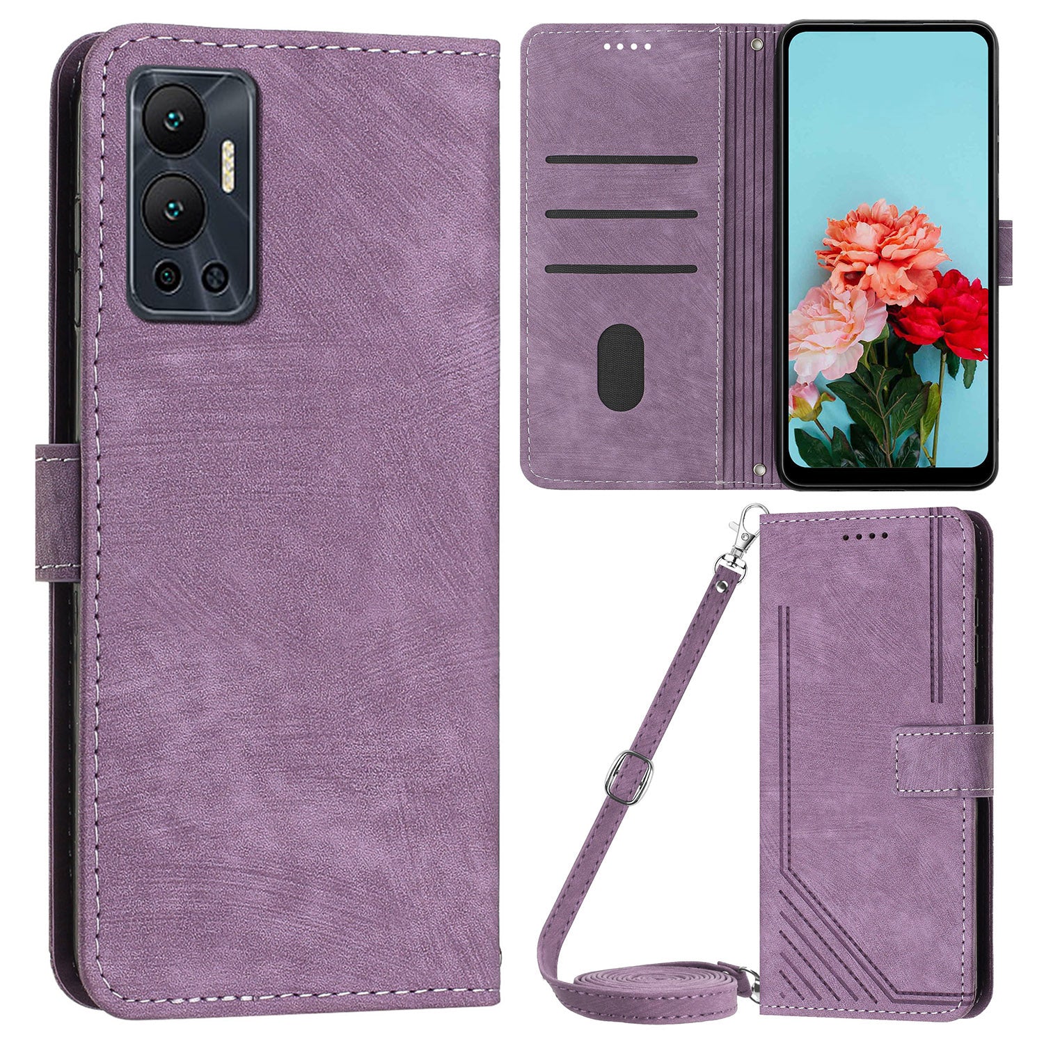For Infinix Hot 12 4G Stand PU Leather Phone Wallet Case Lines Imprinted Phone Cover with Straps