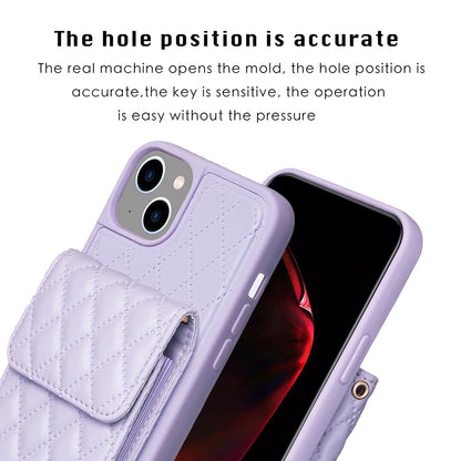 BF22-Style Vertical Card Holder Phone Case for iPhone 14 / 13 , Dustproof PU Leather+TPU Phone Cover with Strap