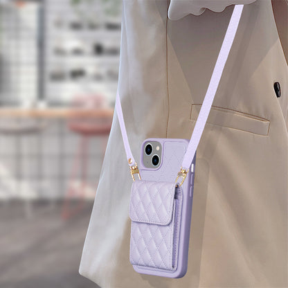 BF22-Style Vertical Card Holder Phone Case for iPhone 14 / 13 , Dustproof PU Leather+TPU Phone Cover with Strap