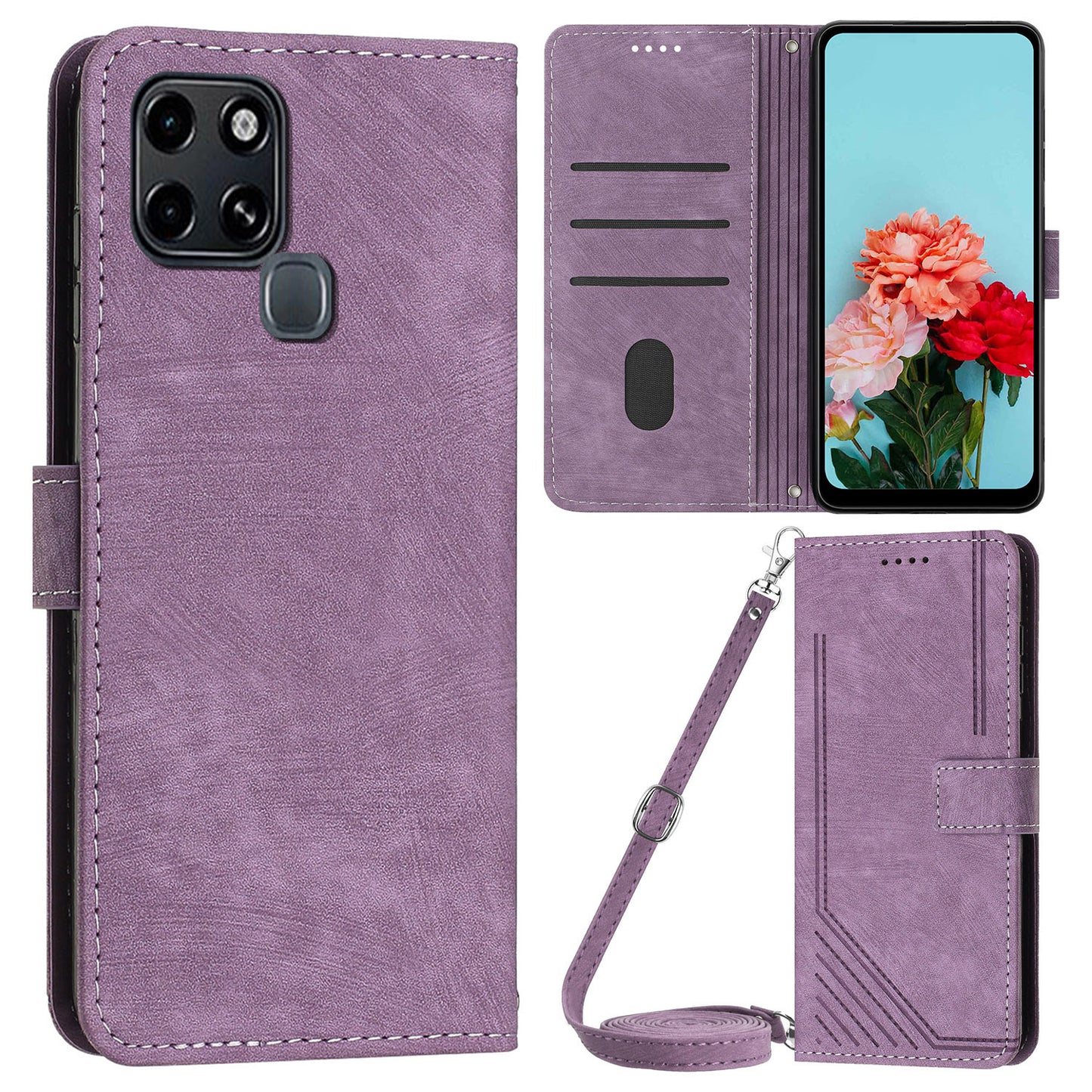 Stand Phone Shell for Infinix Smart 6 , Skin-touch PU Leather Wallet Stand Lines Imprinted Cover with Straps