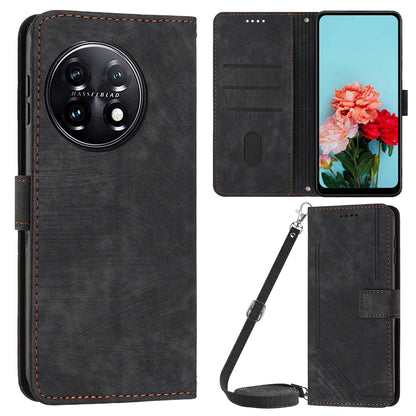 For OnePlus 11 5G PU Leather Skin-touch Wallet Case Stand Lines Imprinted TPU Inner Shell Phone Cover