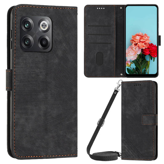 For OnePlus Ace Pro 5G / 10T 5G Wallet Phone Stand Case Lines Imprinted PU Leather Cover with Straps
