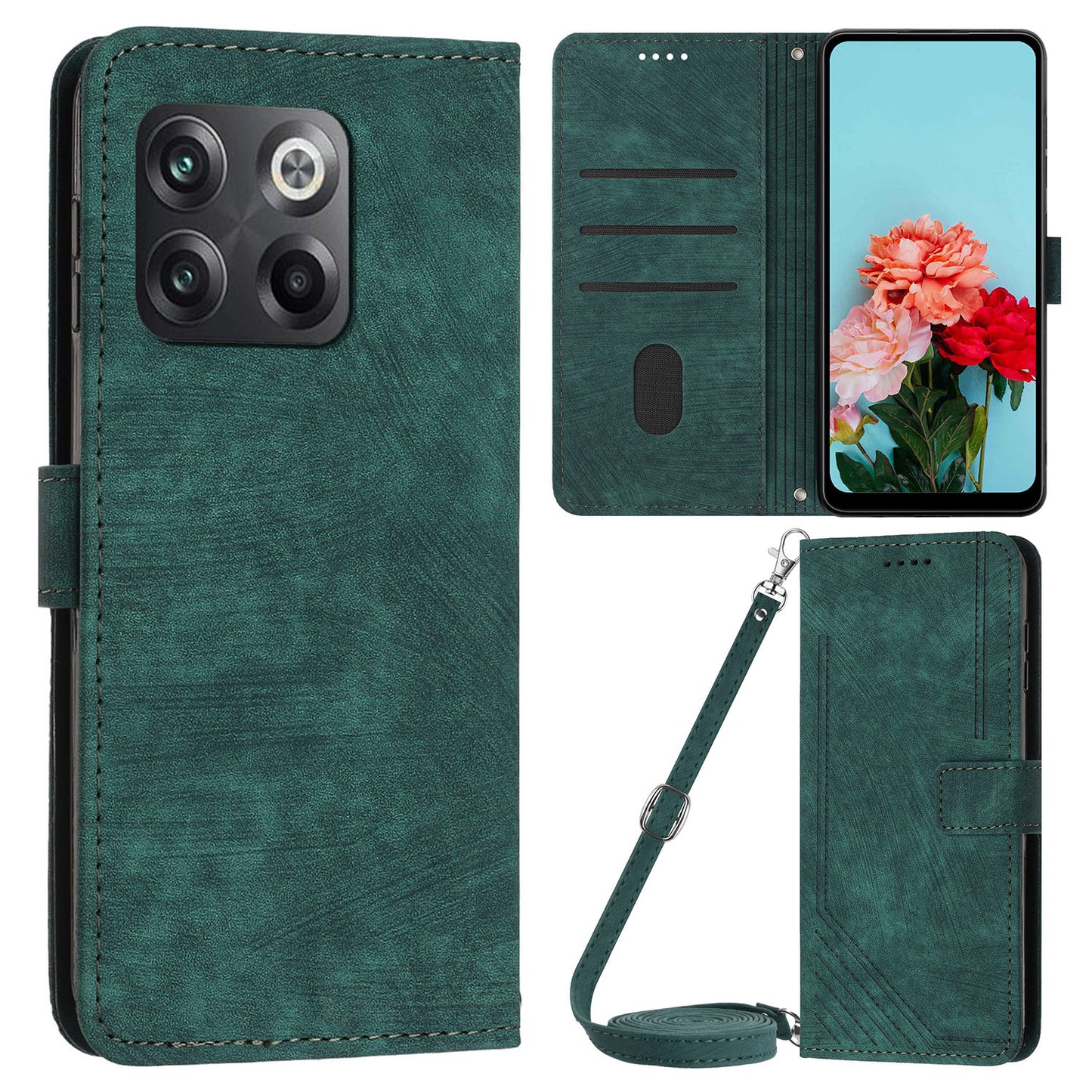 For OnePlus Ace Pro 5G / 10T 5G Wallet Phone Stand Case Lines Imprinted PU Leather Cover with Straps